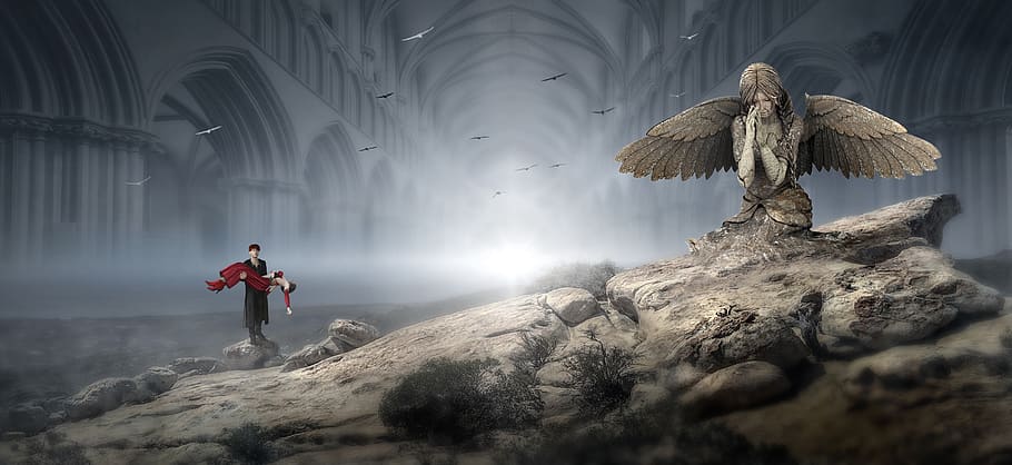 fantasy, angel, rock, man, woman, drama, not, architecture, HD wallpaper