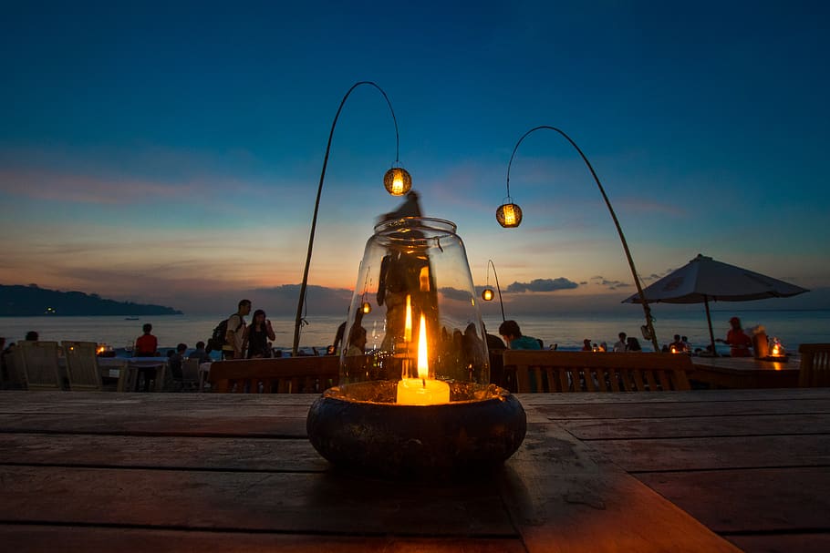 fire, candle, beach, sand, ocean, sunset, lighting equipment HD wallpaper