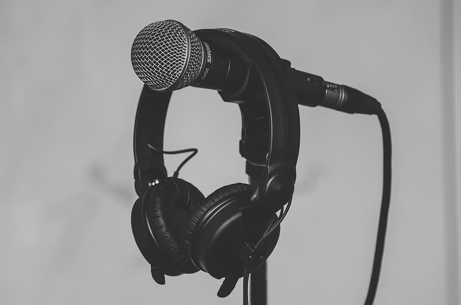 Black Headset Hanging on Black and Gray Microphone, audio, black-and-white, HD wallpaper