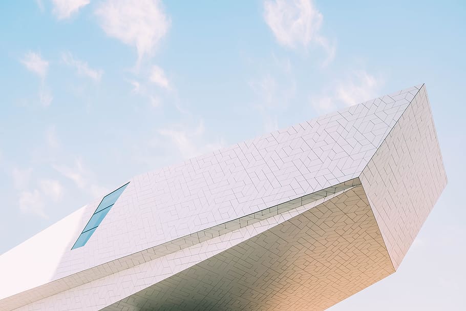 low-angle photography of pointed building, sky, blue, cloud, window HD wallpaper