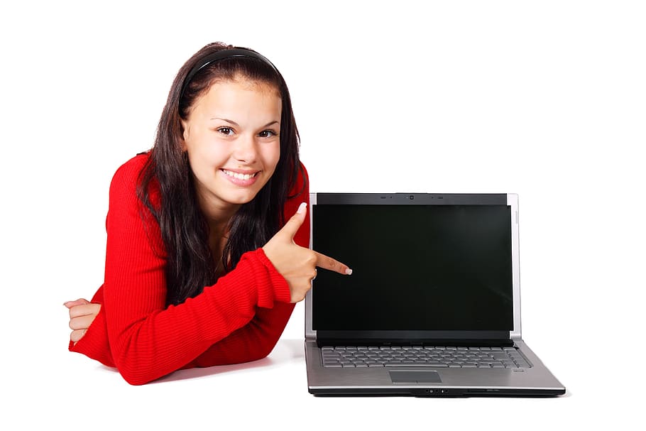 Woman in Red Long-sleeved Top Pointing on Black Laptop Computer, HD wallpaper