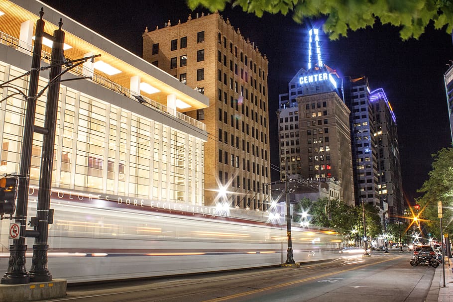 united states, salt lake city, lightrail, skyline, trees, theatre, HD wallpaper