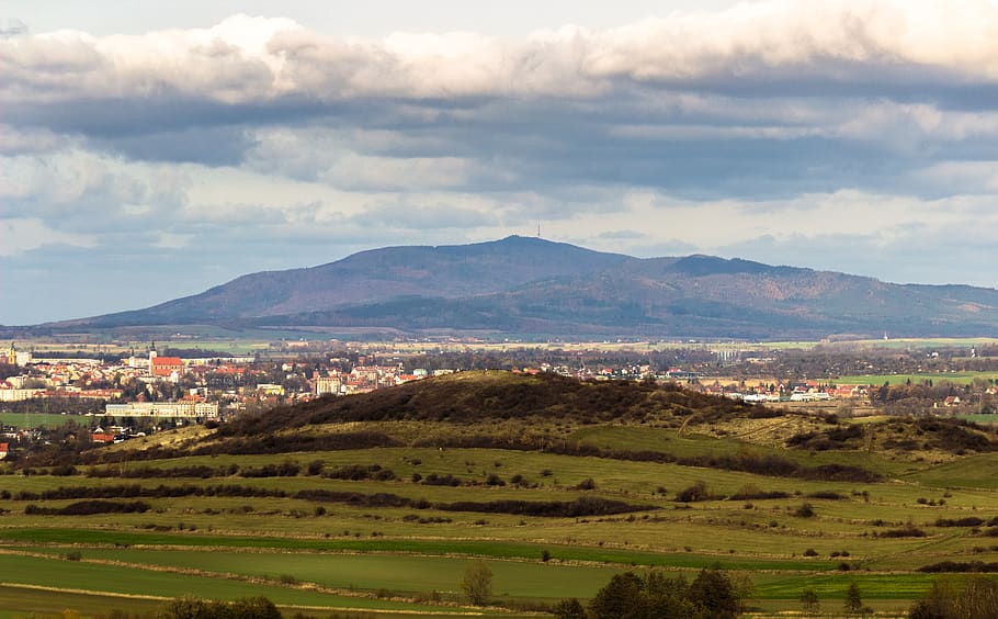hill, mountains, grass, green, town, sky, view, nature, cloud - sky HD wallpaper