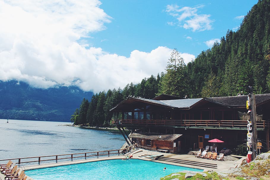canada, malibu, water, pool, blue, cabin, ocean, tree, sky HD wallpaper