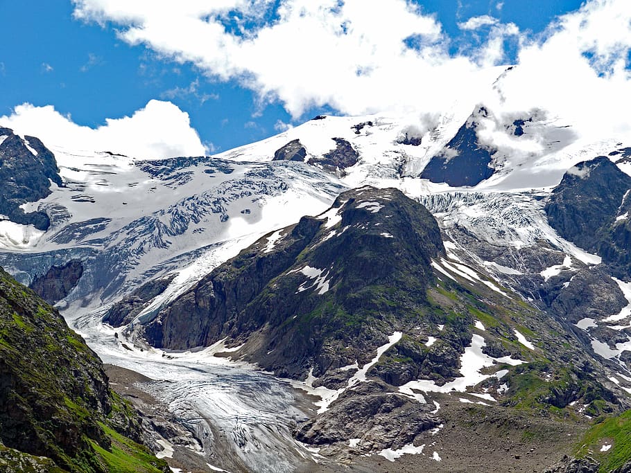 alpine, mountains, rock, ice, glacier, firn, clouds, landscape HD wallpaper