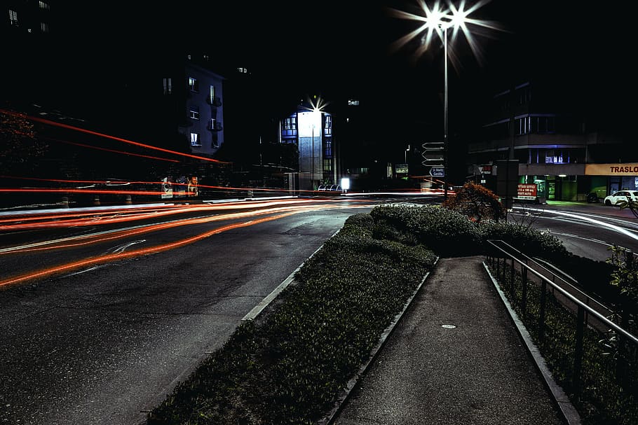 Light Streaks, lights, long-exposure, road, light trail, night HD wallpaper
