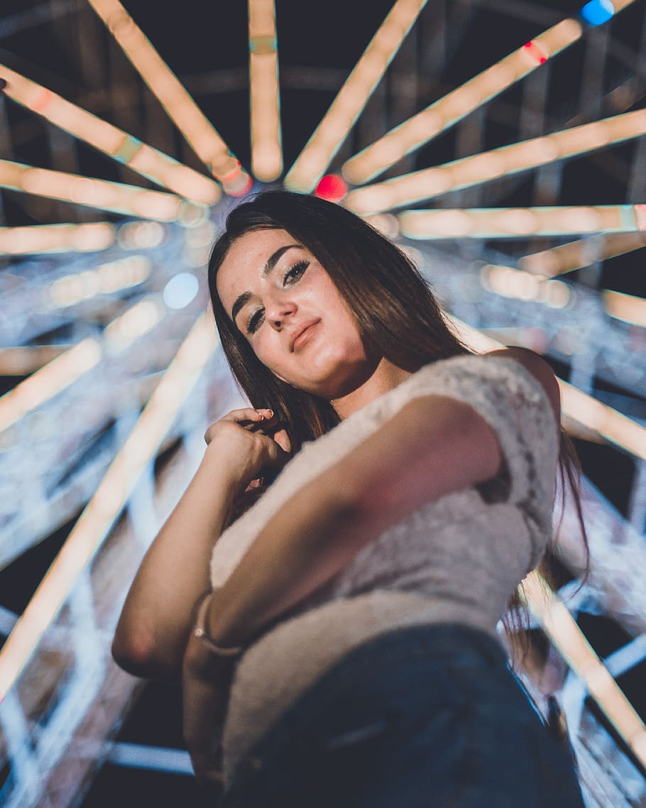Woman Standing Under Ferris Wheel, attractive, beautiful, beauty