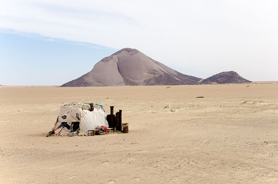 beige tent on sand, landscape, mountain, domestic animals, mammal HD wallpaper