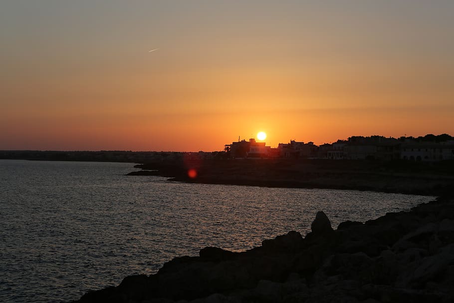 sunset, sky, water, coast, sea, town, scenics - nature, beauty in nature HD wallpaper