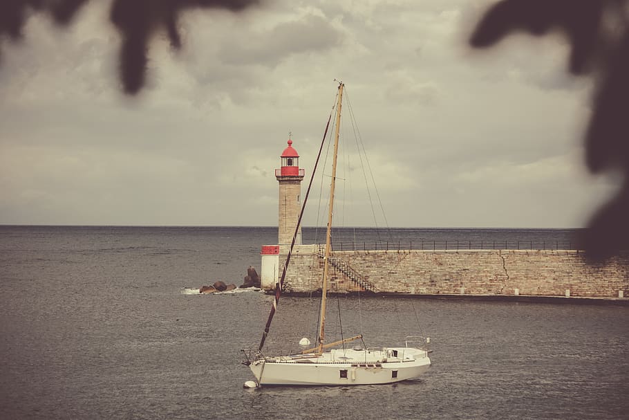 lighthouse, beacon, cloud - sky, sea, water, nautical vessel HD wallpaper