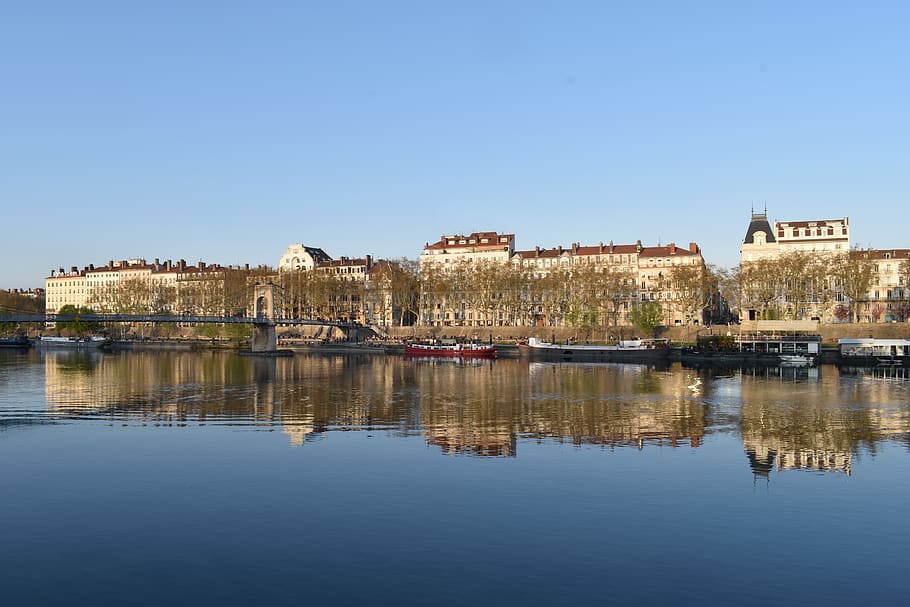 lyon, mirror, rhone, bridge, france, barge, water, spring, facade HD wallpaper