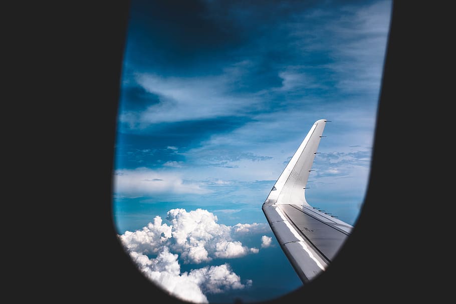 gray plane window, cloud - sky, transportation, airplane, mode of transportation HD wallpaper