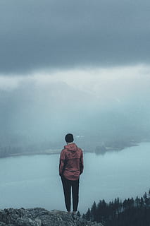 man standing on mountain, nature, person, human, weather, fog HD wallpaper