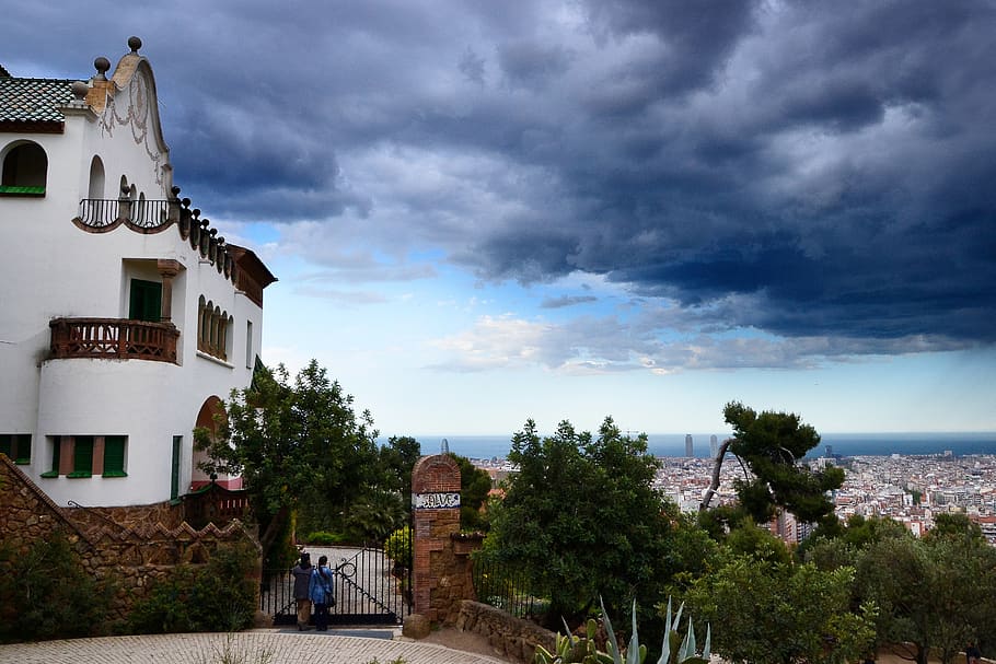 spain, barcelona, park güell, storm, clouds, house, dark cloud, HD wallpaper