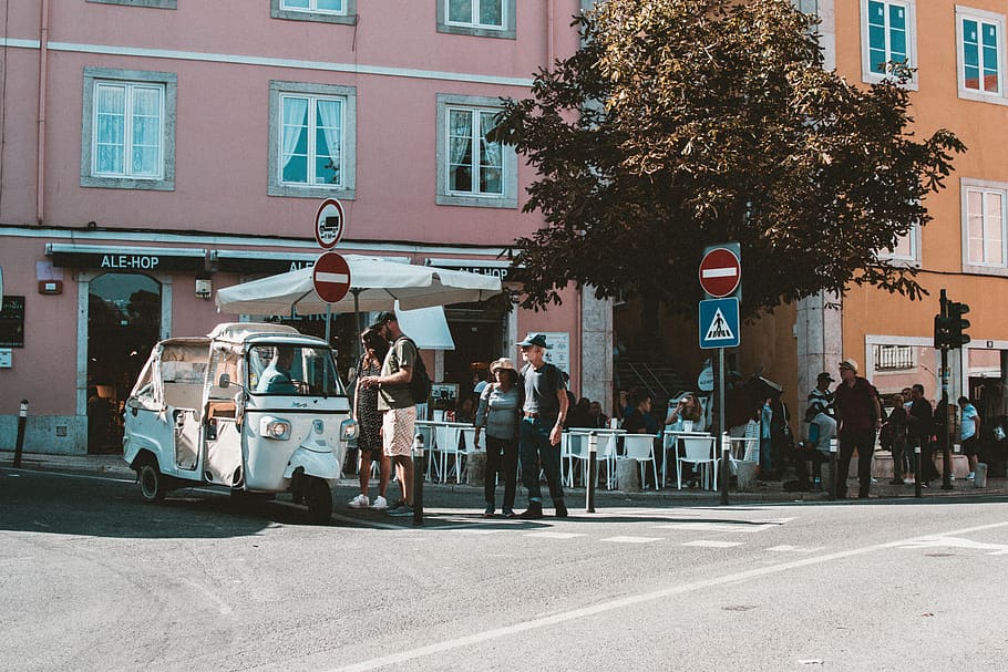People at the Street Near White Auto Rickshaw, architecture, chairs HD wallpaper
