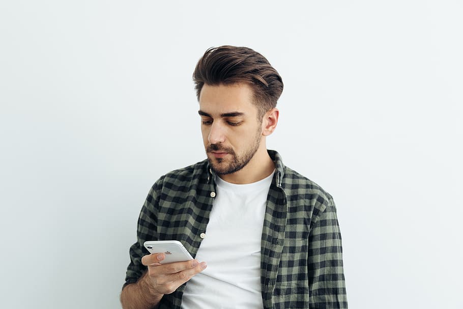 man using iPhone, shirt, person, human, clothing, apparel, portrait HD wallpaper
