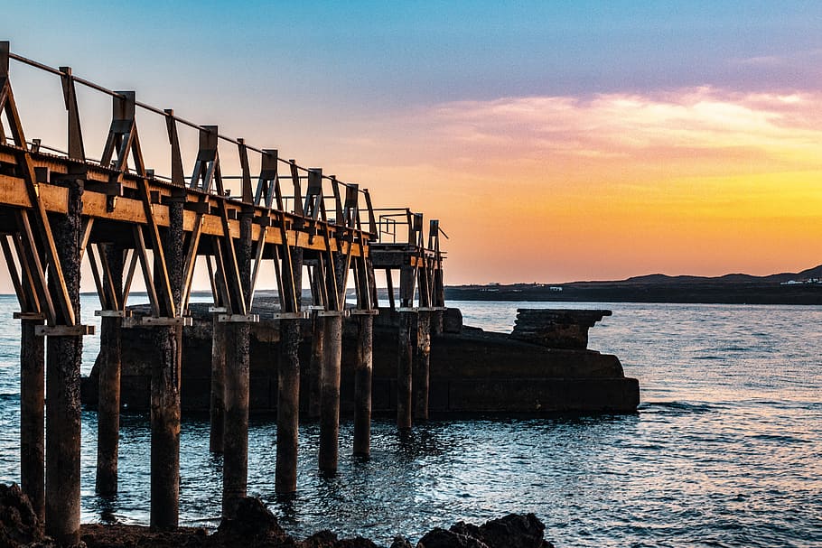 arrieta, water, wave, sunset, sea, bridge, sky, built structure HD wallpaper