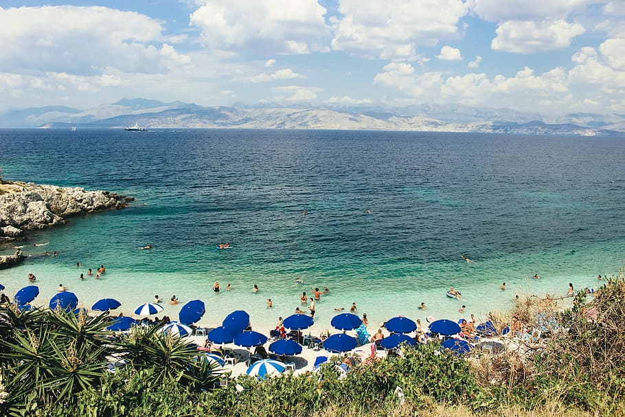 greece, corfu, beach, blue, water, sea, beauty in nature, cloud - sky HD wallpaper