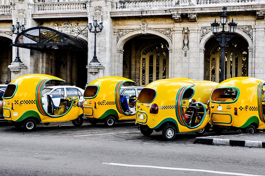 taxi, coco taxi, taxi in cuba, a taxi on the street, havana, HD wallpaper