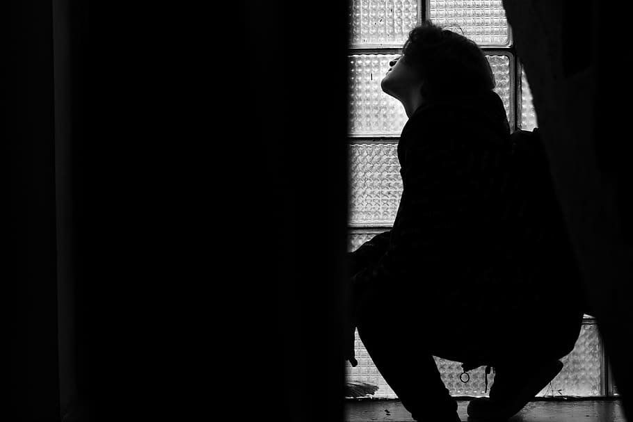 silhouette, person, human, window, kid, child, curtain, indoors HD wallpaper