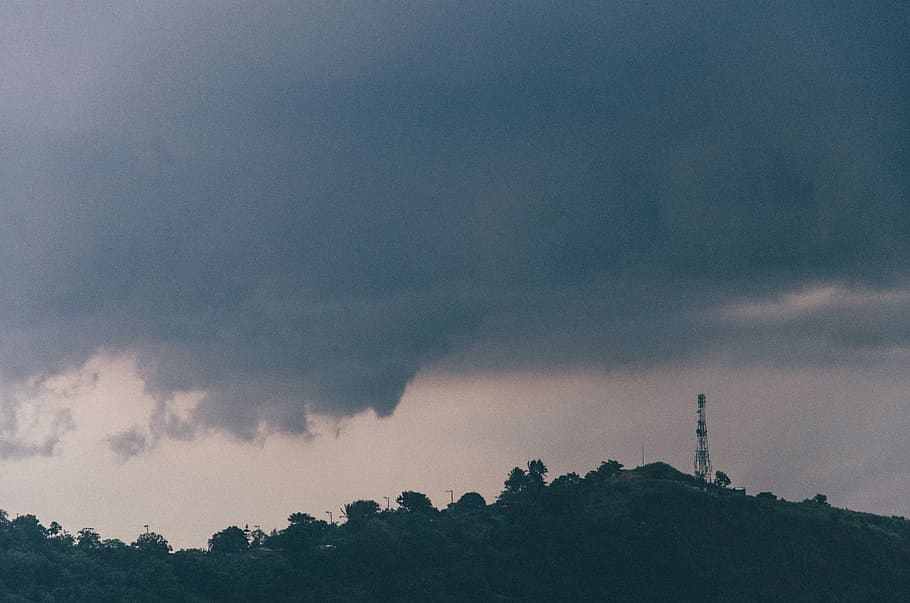 trees, sky, tower, clouds, landscape, cloud - sky, pollution HD wallpaper