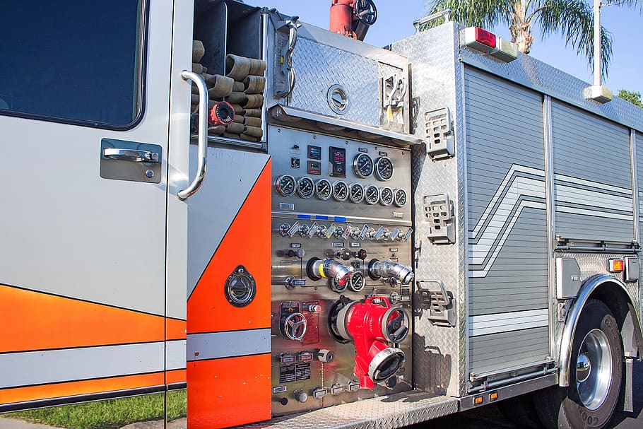 Gray Fire Engine, car, control panel, emergency, equipment, fire truck HD wallpaper