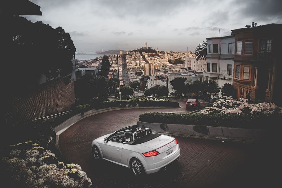 silver convertible coupe parked at brown road, car, street, lombard st, HD wallpaper