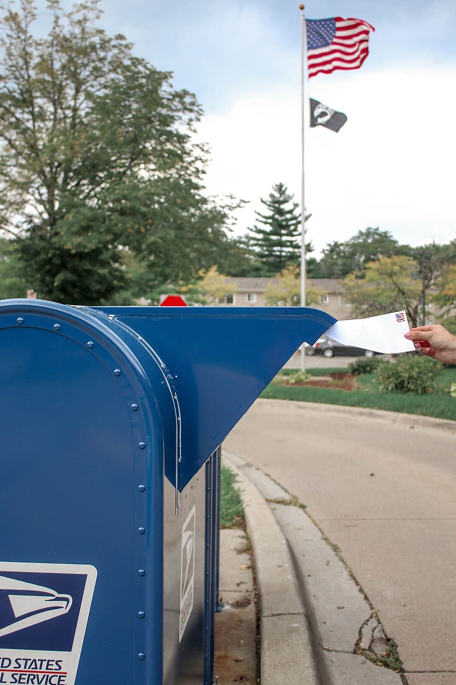 blue and white mail box, logo, trademark, pavement, walkway, path HD wallpaper