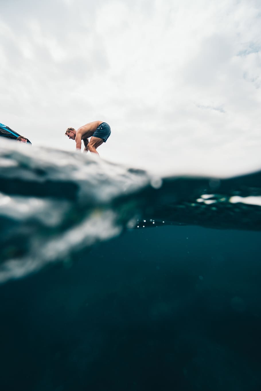 Man Wearing Blue Shorts, action, adventure, clouds, diving, fun HD wallpaper