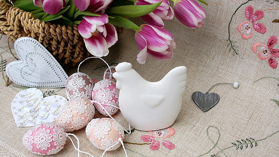 easter eggs, flowers, the ceremony, bouquet, embroidery, composition HD wallpaper