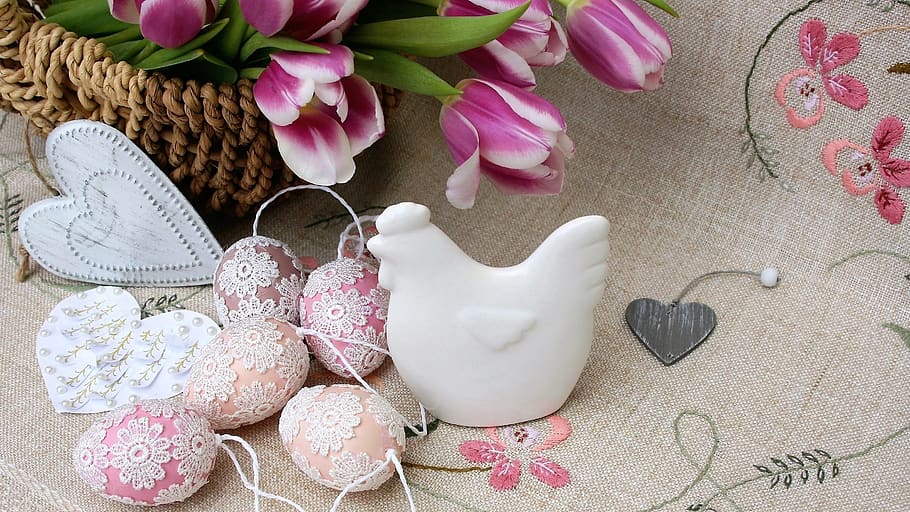 easter eggs, flowers, the ceremony, bouquet, embroidery, composition HD wallpaper