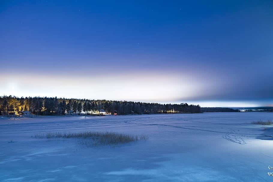 sweden, lulea, snow, ice, cold, zing, frozen, lake, trees, night, HD wallpaper
