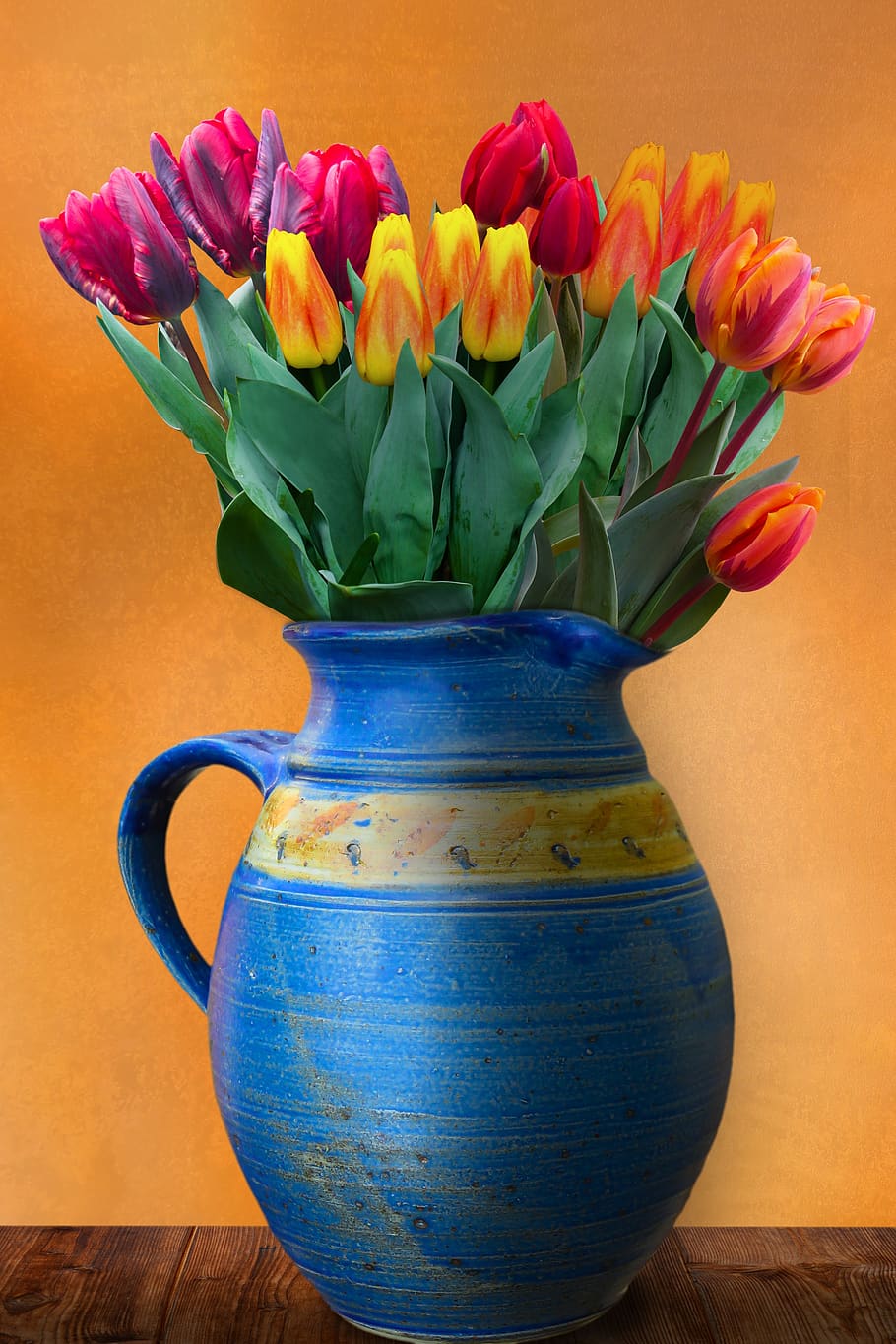 flowers, krug, decoration, bouquet, tulips, still life, give, HD wallpaper
