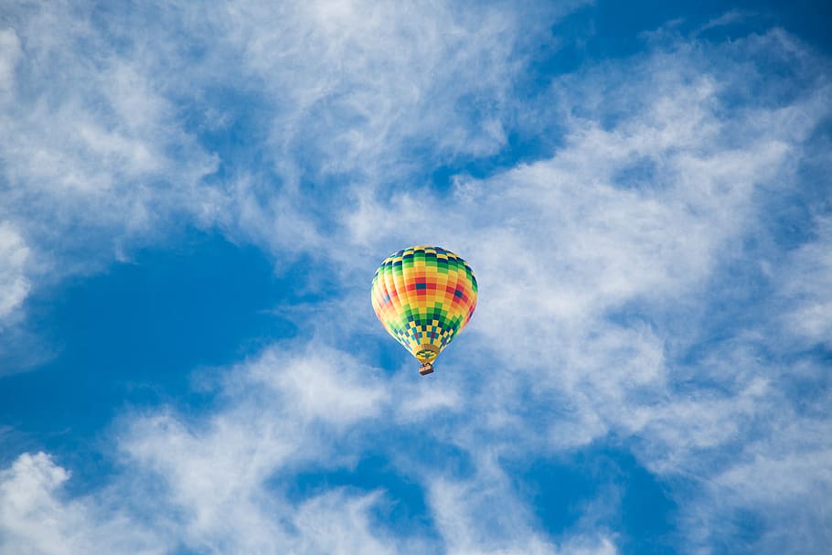 yellow, green, and black hot air balloon on sky, clouds, transportation, HD wallpaper
