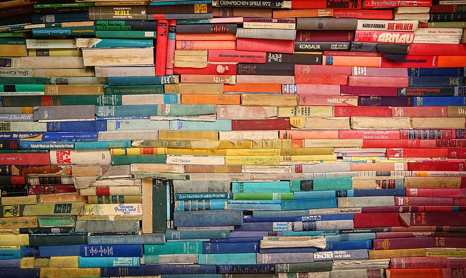 assorted-color filling book lot, stack, pile, blue, yellow, red HD wallpaper