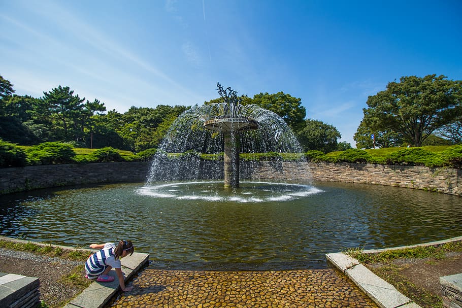 japan, tachikawa-shi, showa kinen park, fountain, girl, water