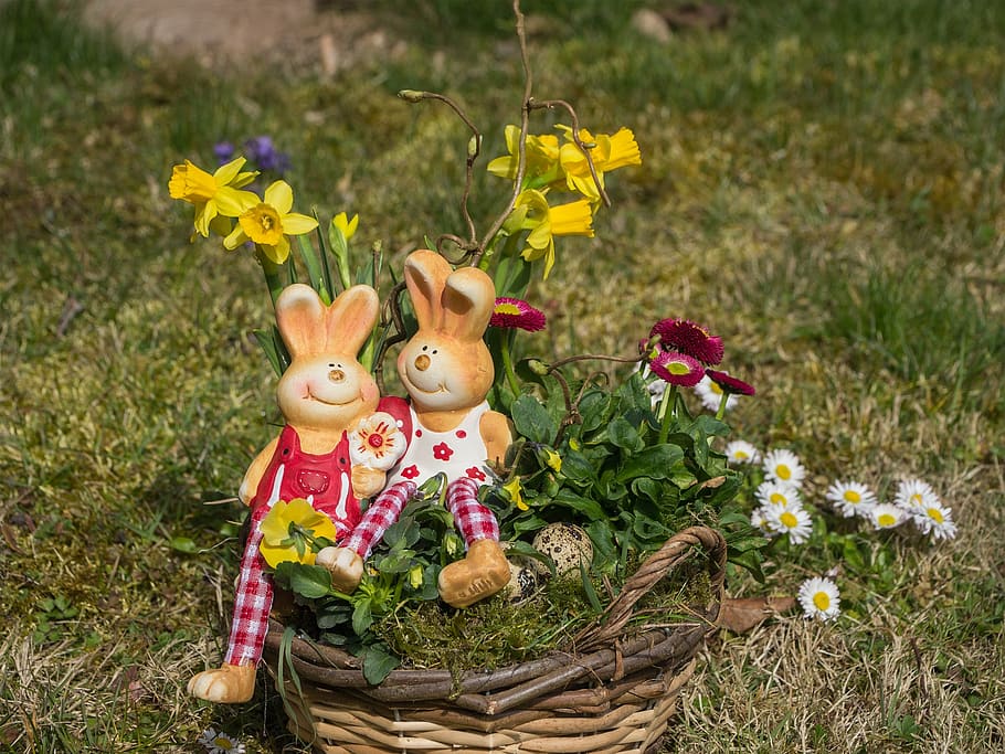 easter, easter bunny, deco, easter decor, osterkorb, flower HD wallpaper
