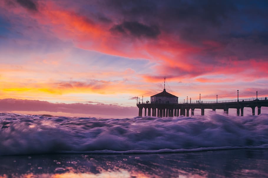 manhattan beach, united states, ocean, surfing, pier, sunset, HD wallpaper