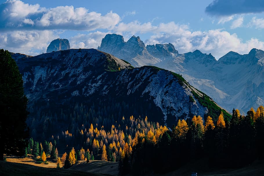 Mountains At Daytime, daylight, forest, landscape, nature, rocky mountain HD wallpaper