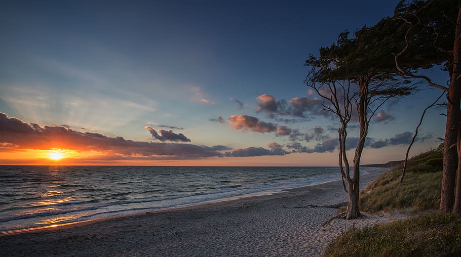 sunset, landscape, beach, weststrand, ostsee, baltic sea, sonnenuntergang, HD wallpaper
