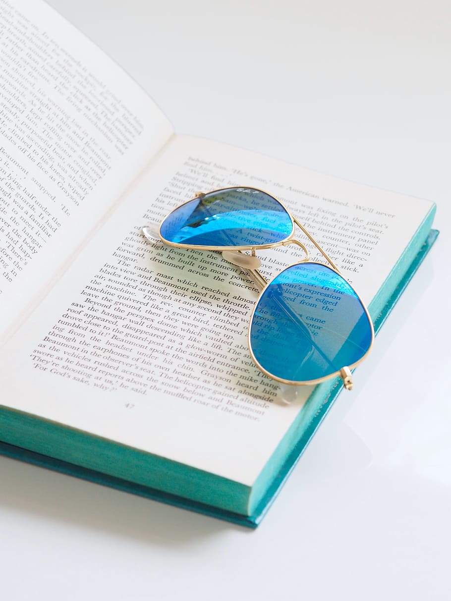 blue, sunglasses, book, open book, read, write, literature HD wallpaper
