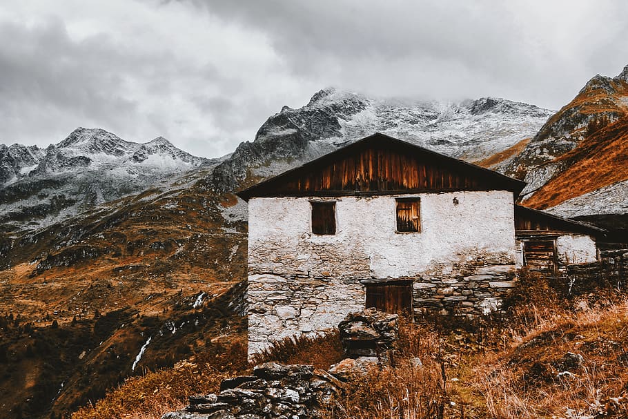 White and Brown House Near Snow Capped Mountains, abandoned, clouds HD wallpaper
