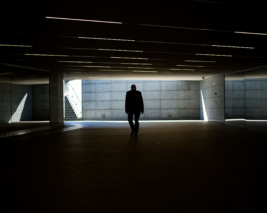 silhouette photo of person walking inside dark room, building, HD wallpaper