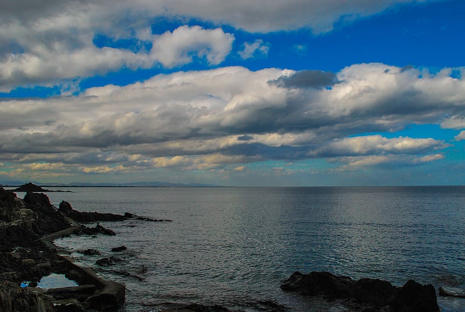 sea, clouds, landscape, bue, coast, colliure, france, water HD wallpaper