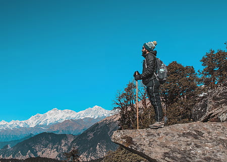 Man Wearing Black Jacket Near Mountain, #nature, back pack, backpack HD wallpaper