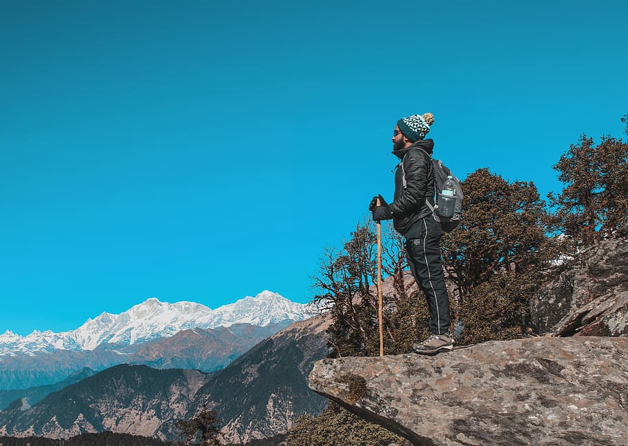 Man Wearing Black Jacket Near Mountain, #nature, back pack, backpack HD wallpaper