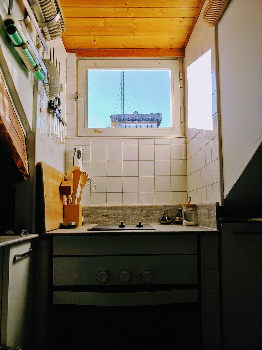 white gas range oven, window, indoors, day, architecture, glass - material HD wallpaper