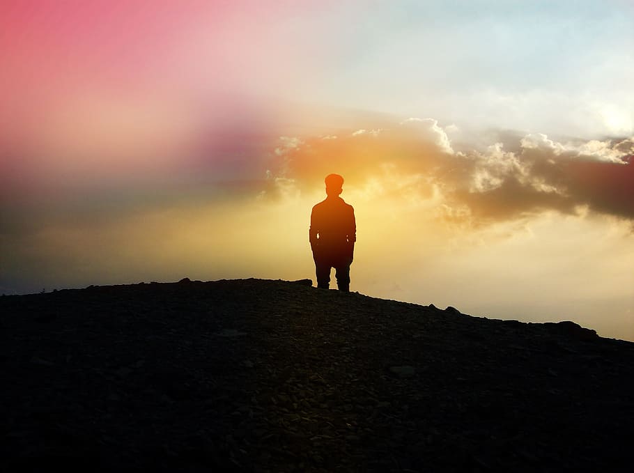 silhouette of person standing on hill, abstract, cloud, sunset HD wallpaper