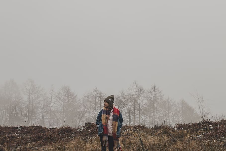 Person in Brown and Red Scarf, cold, daylight, fog, forest, zing HD wallpaper