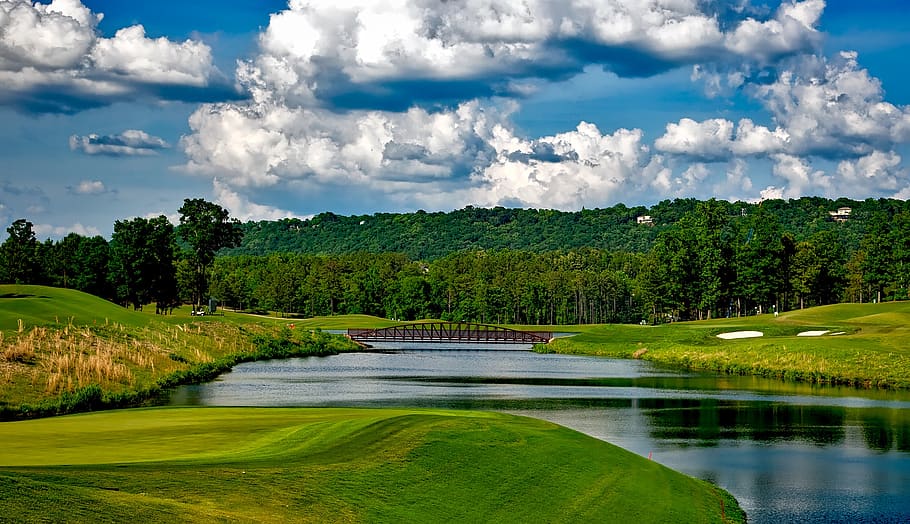 Nature Wallpaper, bridge, clouds, field, forest, game, golf, golf ball HD wallpaper